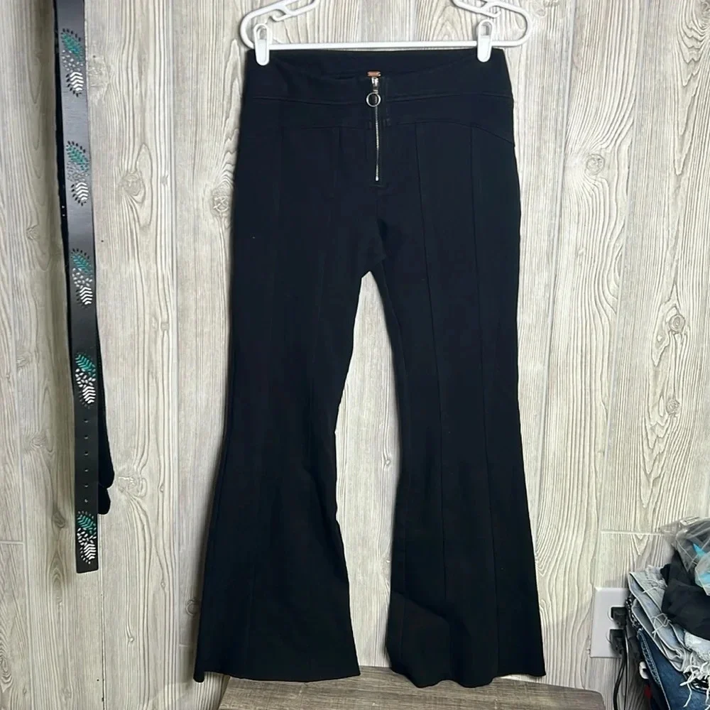 Free People Black Seamed Knit Wide Leg Flare Front Zip Fly Pants Sz 6
